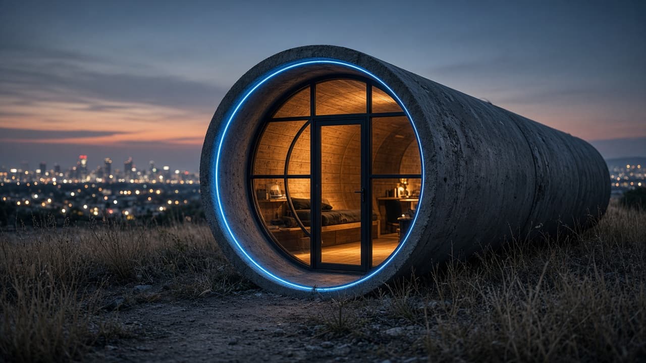 Design study of an OPod: a concrete pipe with a round glass door, blue rim light, and warm interior at dusk.