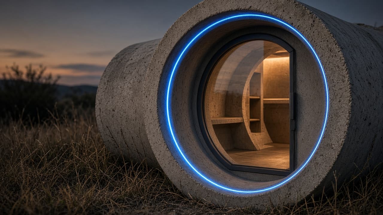 Pipe rim: concrete shell, round glass, blue ring, warm interior.