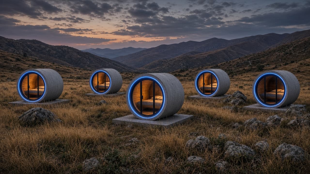 Five OPod concrete-pipe shelters with round glass fronts and blue rim lights in a mountain meadow.