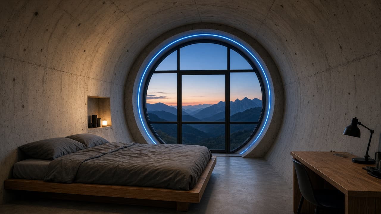 Inside one pipe, looking at the circular glass door and the hills beyond.